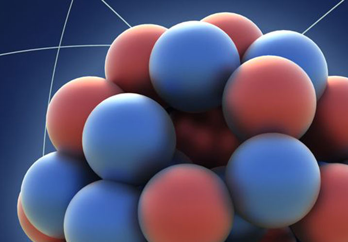 High-resolution image of molecular structure with red and blue spheres representing atoms.