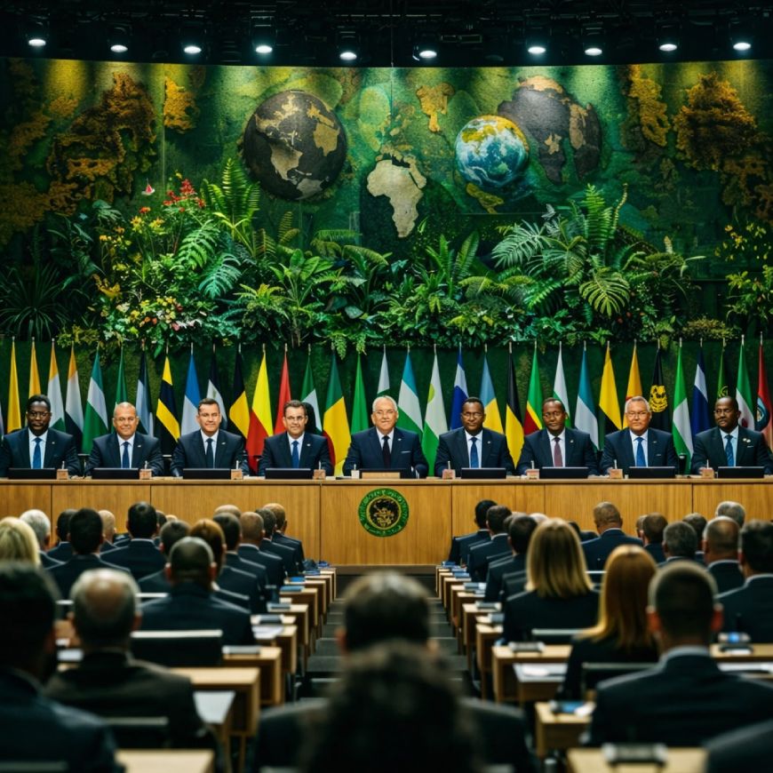 International leaders at global conference with world map backdrop.