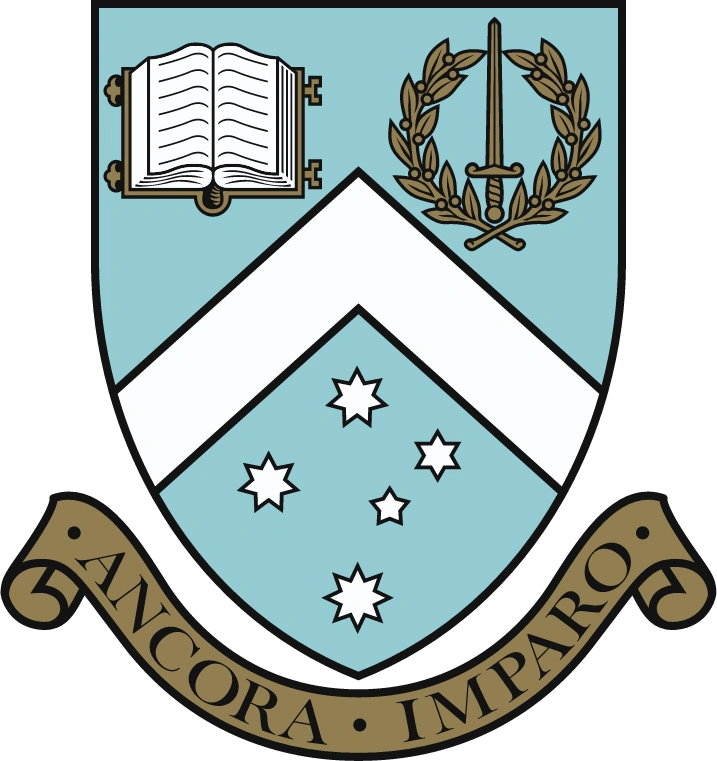Shield emblem with open book, sword, and stars representing knowledge and scholarship.