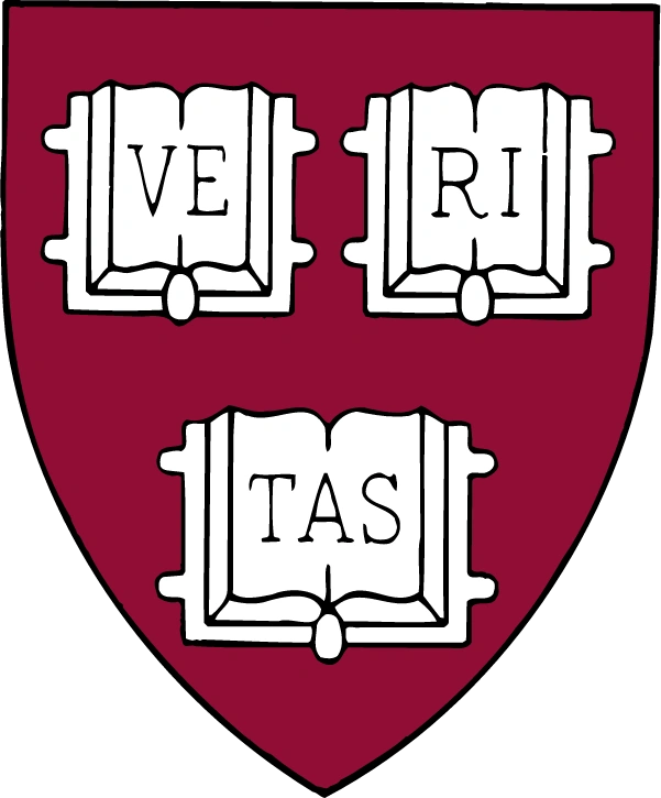 Harvard University shield featuring open books with Latin motto.