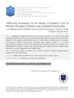 A study on addressing inadequacies in palliative care for multiple myeloma patients in Nigeria using actionable frameworks.