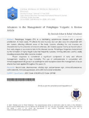 The image discusses advances in managing peevish vulgari in medical research. It highlights recent reviews and therapeutic strategies.