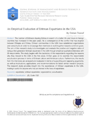 Analyzes Eritrean expatriates' experiences in the USA. Focuses on why they migrate, organizations involved, and acculturation challenges.