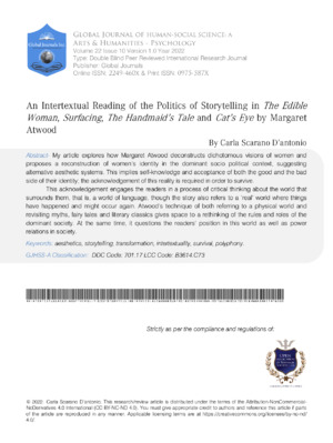 Explores how storytelling influences politics in Margaret Atwood's "The Edible Woman" and "Cats' Eye.".