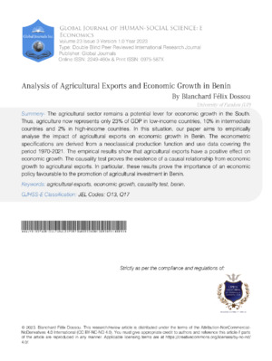 High-quality alt text describing the analysis of agricultural exports' impact on Benin's economic growth, relevant for research journals.