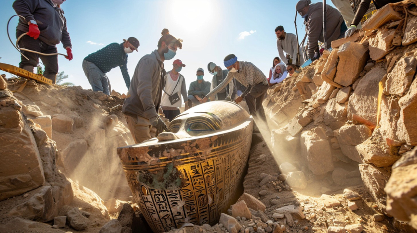 Archaeologists uncover an ancient Egyptian artifact in a desert excavation site.