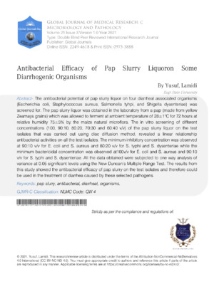 Anti-bacterial effectiveness of pap slurry in diarrhogenic organisms.
