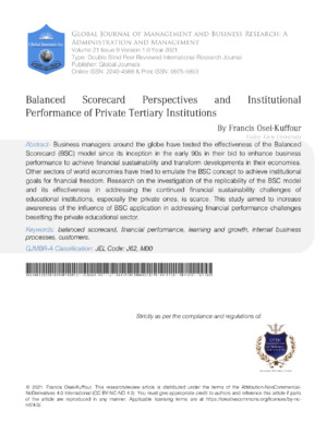 High-quality ALT: Balanced scorecard research on private tertiary institutions' performance and management.