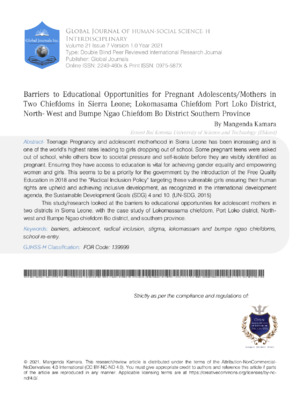 Pregnancy and motherhood impact adolescent girls' education in Sierra Leone. This study explores socio-economic and cultural challenges.