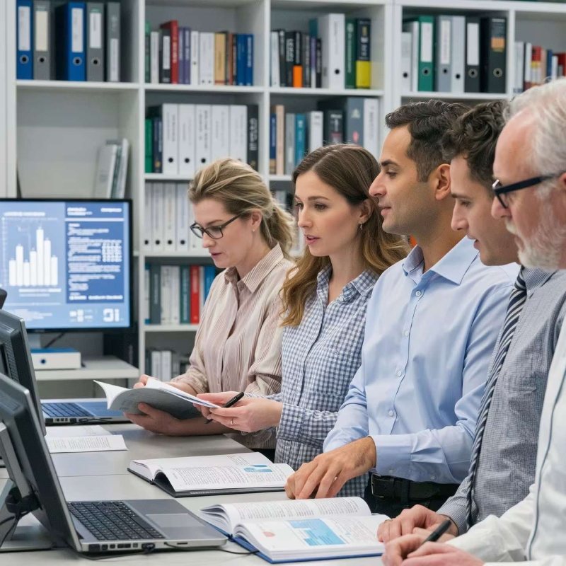 Group of researchers reviewing data and charts in a library.