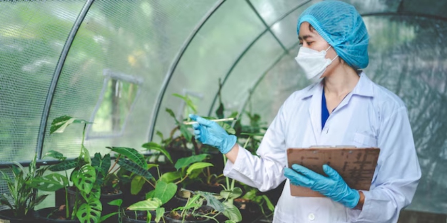 Greenhouse plant researcher examining crops with clipboard and protective gear.