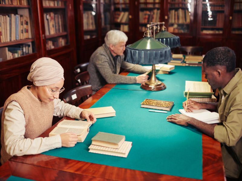 High-resolution image of diverse students reading and researching in a library setting.