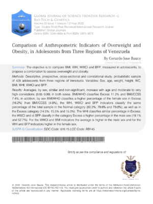 Comparison of Anthropometric Indicators of Overweight and Obesity in Adolescents from Three Regions of Venezuela.