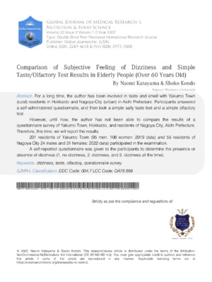 Comparison of subjective feelings of dizziness and taste/smell tests in elderly people.