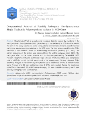 Non-Synonymous Single Nucleotide Polymorphisms Variants in HGD Gene.