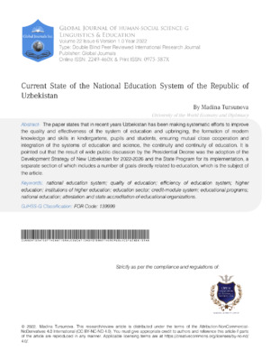 Education system research, policy analysis, Uzbekistan education data, academic research, GJ Journal.