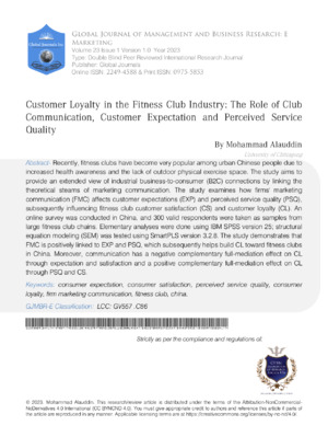 Customer Loyalty in Fitness Clubs.