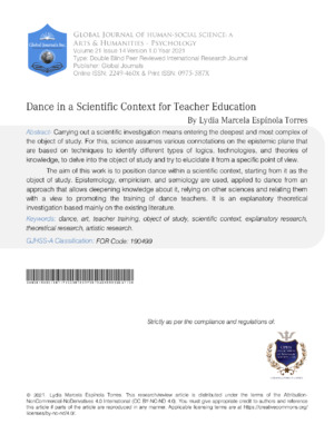 Dance research journal, academic journal on dance education, scientific context, teacher training, research, scholarly analysis.