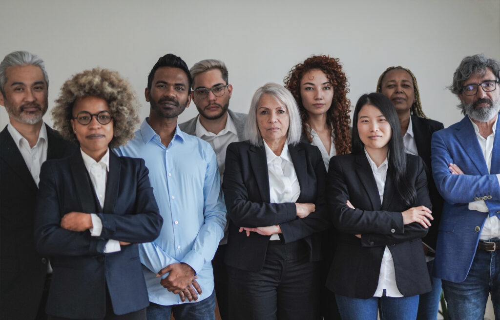 Inclusive diverse group of professionals ready for teamwork and collaboration.