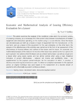 Value Analysis in Leasing.