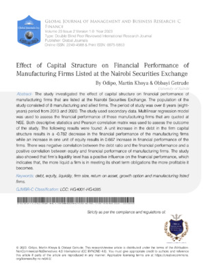 Alt: An academic research article analyzing the impact of capital structure on financial performance in manufacturing firms at the Nairobi Securities Exchange.