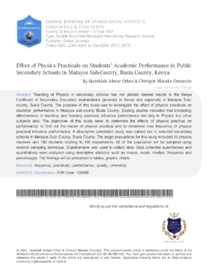 Alt: Study on physics practicals' effect on students' academic performance in secondary schools in Kenya.