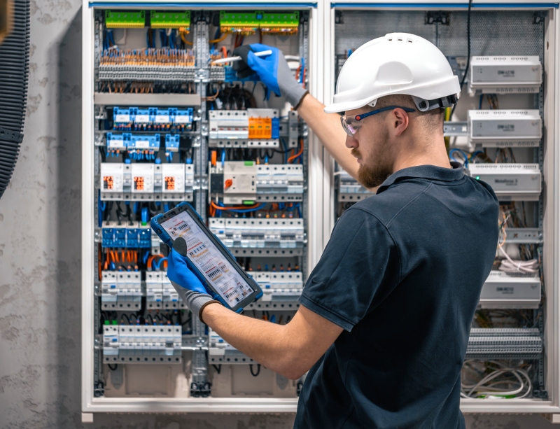 Electrical technician inspecting wiring and controls in electrical panel for research.