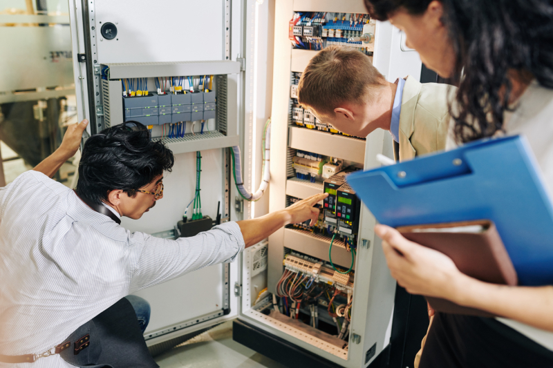 Highly skilled technician troubleshooting electrical circuits in industrial control panels for research purposes.