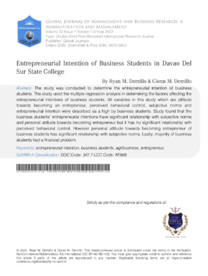 Entrepreneurship study of business students in Davao Del Sur State College. Focuses on innovation, business skills, and academic research in entrepreneurship.