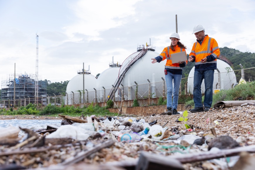 Engineers inspecting environmental impact near oil storage tanks.