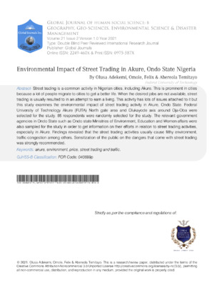 Environmental impact, street trading, Akure, Ondo State, Nigeria, urban environment, pollution, public health, economic effects.