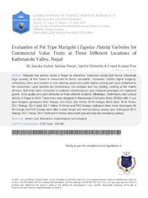 Detailed evaluation of Tagetus Patula varieties for commercial use at multiple sites.