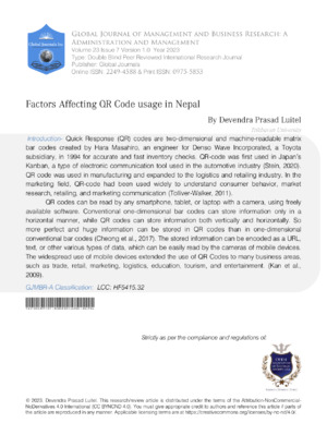 Alt text: Close-up of an academic research article on QR code usage in Nepal, with a focus on automotive and consumer products.