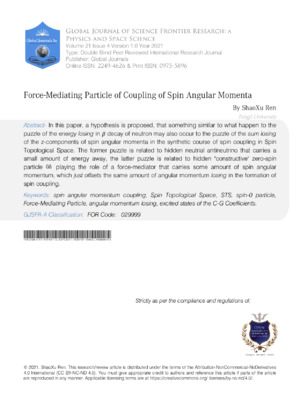 High-resolution image of a scientific journal article on force-mediating particle coupling in spin angular momentum.