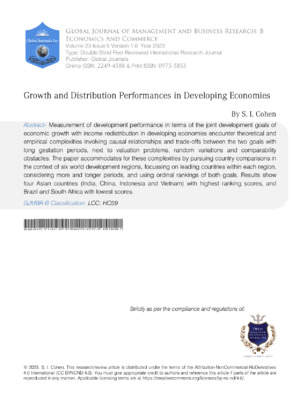 The image features an academic journal cover focusing on growth and distribution performance in developing economies. It emphasizes research published by the Global Journal of Management and Business Research, highlighting economic research and scholarly contributions.