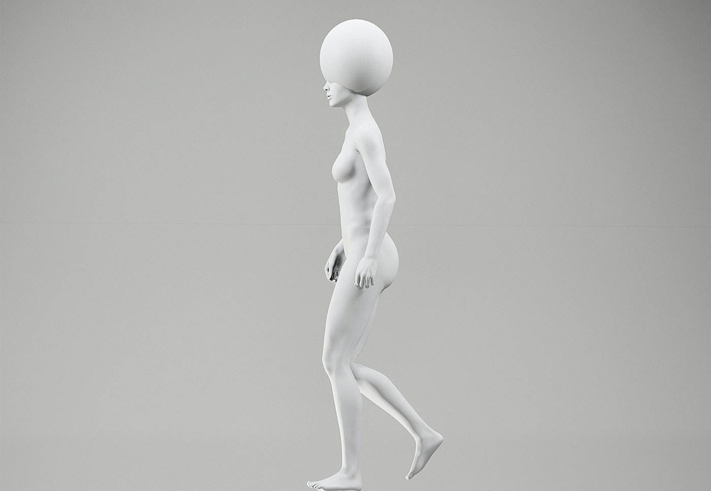 A mannequin with an artistic, abstract oversized spherical head, highlighting modern design in research.