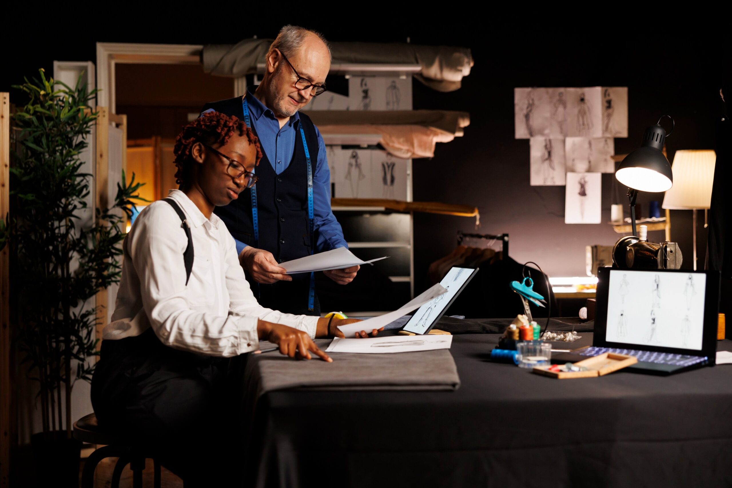 Image depicts two professionals reviewing textile design sketches in a creative workspace.