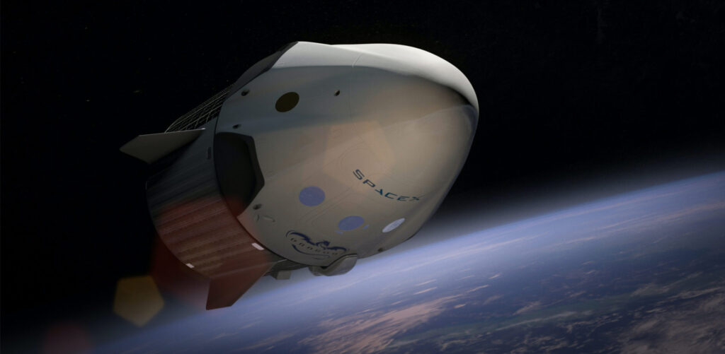 SpaceX spaceship in orbit above Earth, emphasizing advancements in space research and exploration.