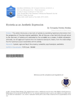 Hysteria diagnosis and aesthetic expression linked to psychological and neuroscientific perspectives.