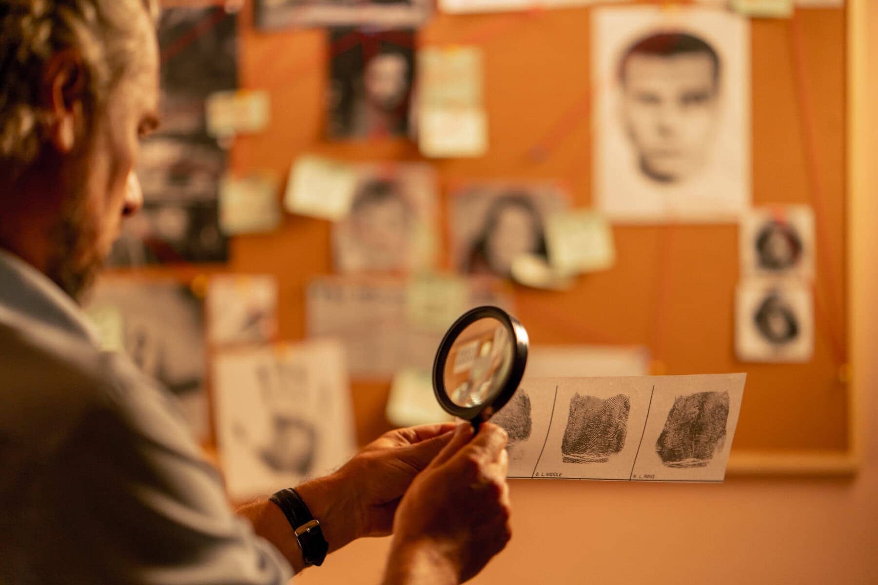 Investigator examining fingerprint evidence with magnifying glass in a crime lab.
