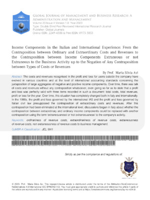 Alt text: Academic journal cover page discussing income components, Italy, and international experience.