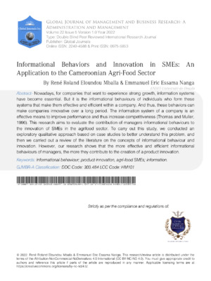 A detailed study on SMEs' adoption of innovative behaviors in the Cameroonian agri-food sector.