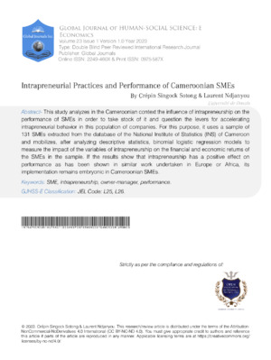 Intrapreneurship practices and performance of Cameroonian SMBs analyzed in this research. Focus on innovation and entrepreneurial success.