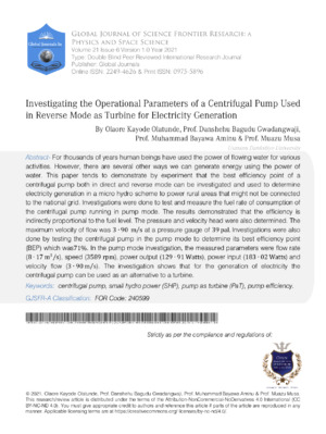 Centrifugal pump, electrical generation, reverse turbine, energy efficiency, operational parameters.