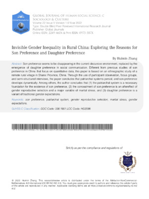 Alt text: Academic research journal cover on gender inequality in rural China, exploring son and daughter preferences.