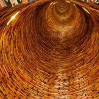 A vibrant swirling vortex pattern with warm orange and brown tones, illustrating dynamic motion and energy.