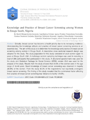 Breast cancer screening knowledge and practices among women in Enugu South, Nigeria, highlighting the importance of early detection.