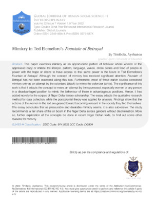 A detailed study on mimicry and betrayal in Ted Elemero's Fountain of Betrayal, emphasizing psychological and literary analysis.