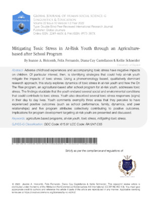 Extensive research on agriculture's role in reducing stress and promoting youth resilience through school programs.