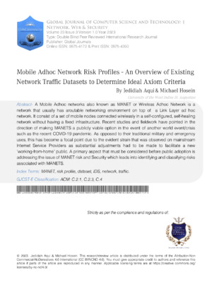 Adhoc network security risks and traffic data analysis for mobile wireless networks.